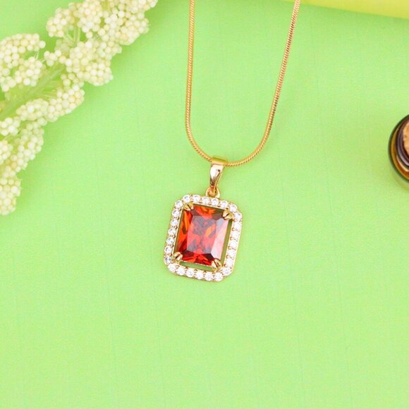 "Red Emerald-Cut Stone Pendant with Crystals in Rose Gold, XPPT1572 - Picture 2 of 13